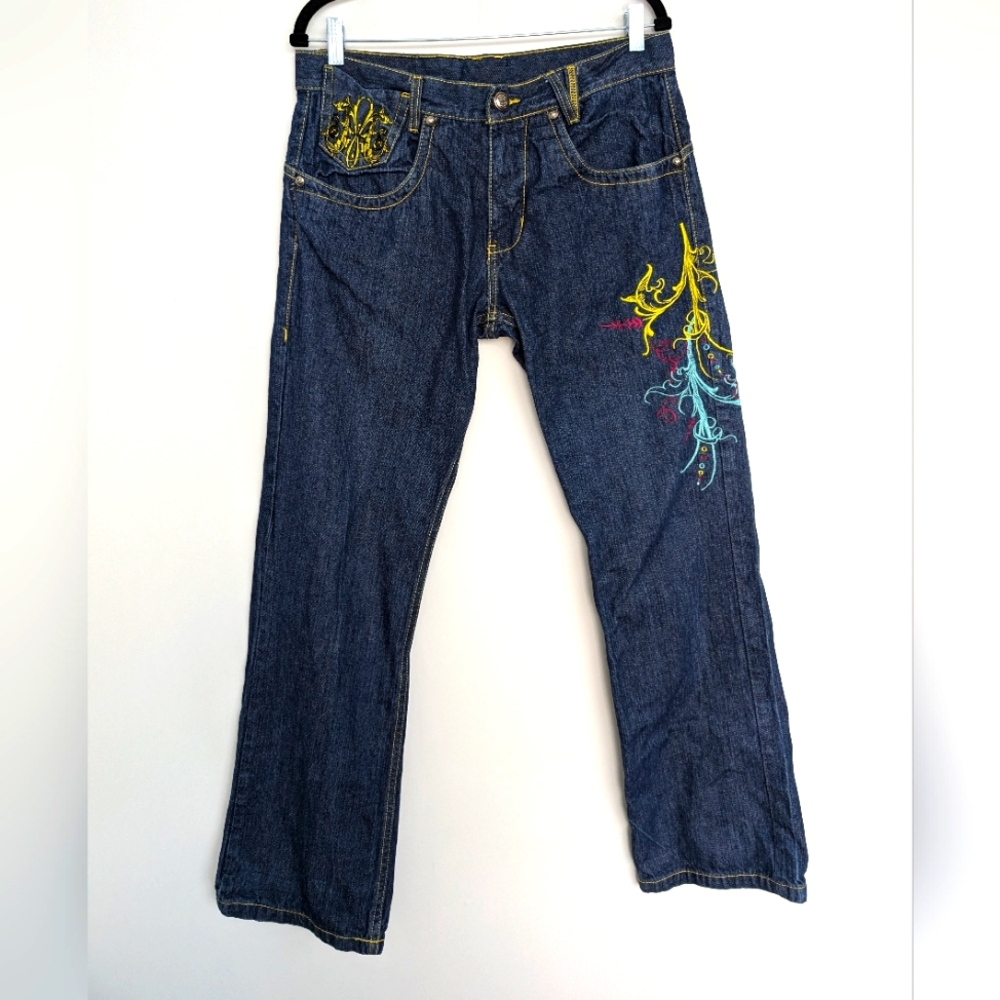 Y2K Miskeen 6 Pocket Contrast Stitch Embroidered Jeans with Patch Sz 34